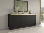Black ribbed 3-door sideboard with gold-toned trim and handles, wide low storage