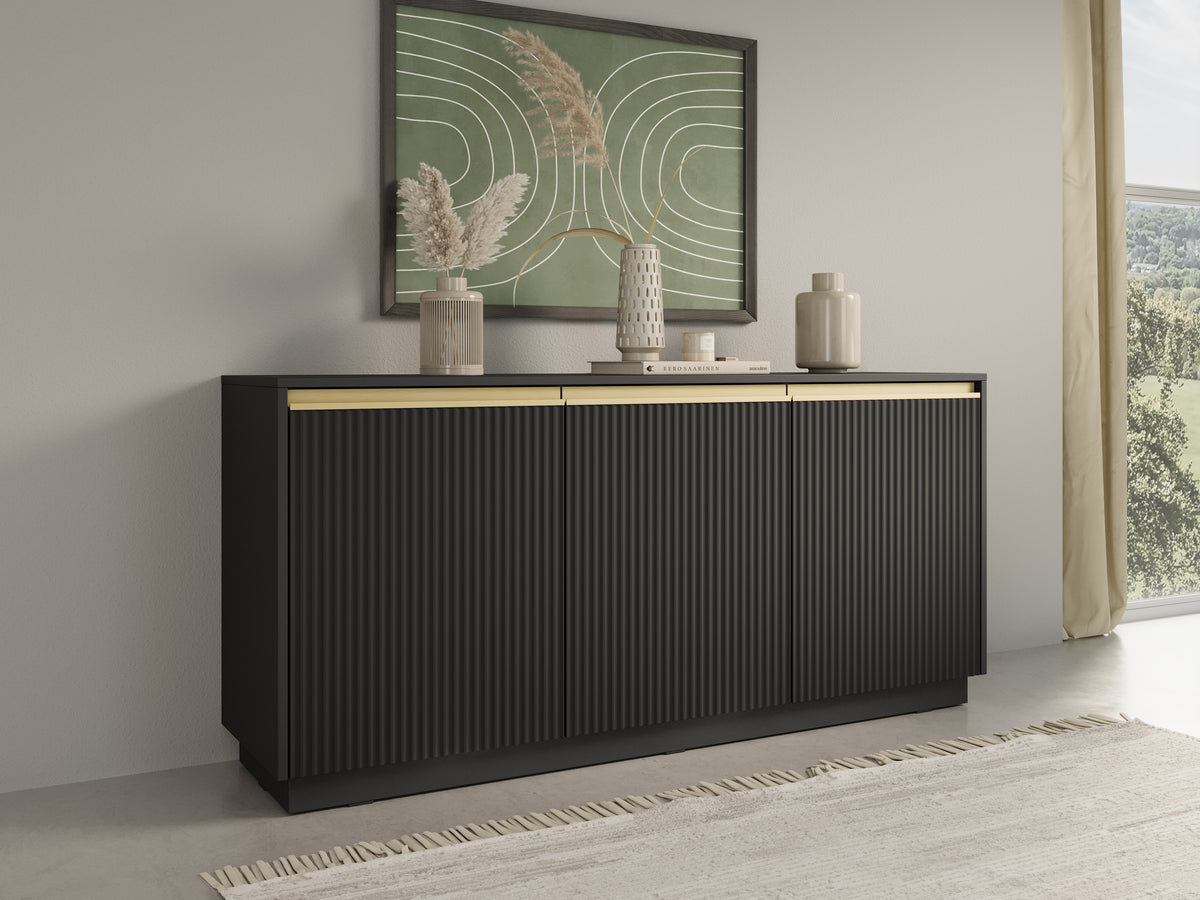 Black ribbed 3-door sideboard with gold-toned trim and handles, wide low storage