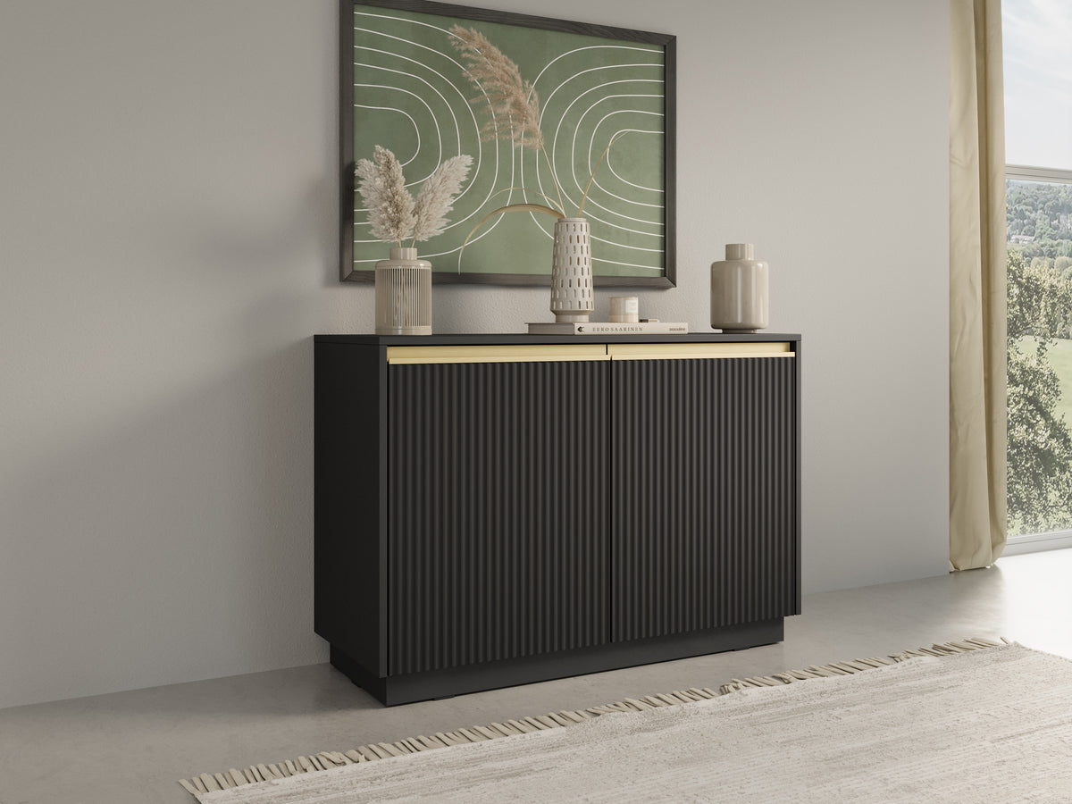 Black 2-door sideboard with vertical ribbed doors and gold-tone trim