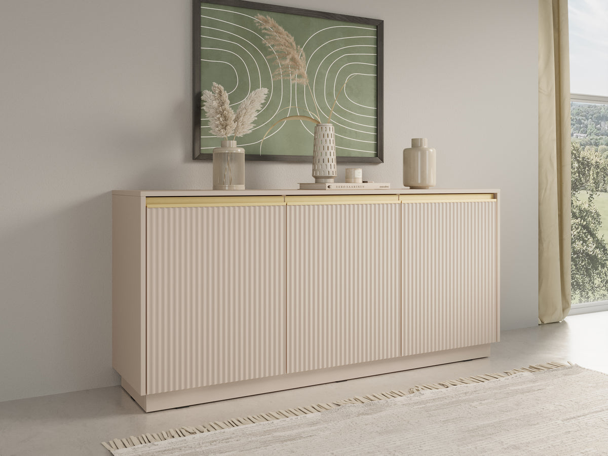 Cashmere ribbed 3-door sideboard with gold-toned handles, wide low cabinet