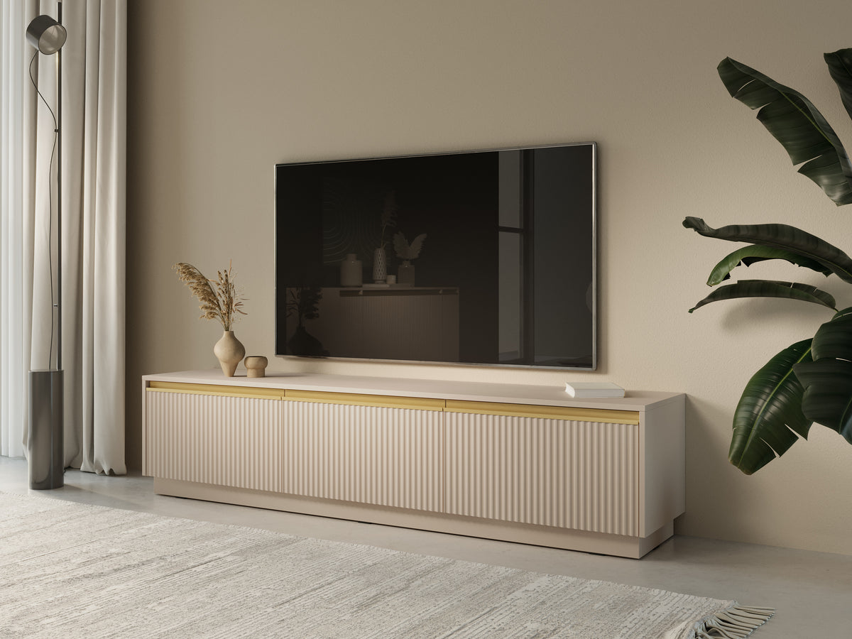 Cashmere TV cabinet with vertical ribbed doors and open center shelf