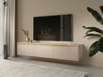 Cashmere TV cabinet with ribbed front and gold trim, TV on top