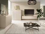 Cashmere ribbed 3-door sideboard with flat top and gold accents in a living room