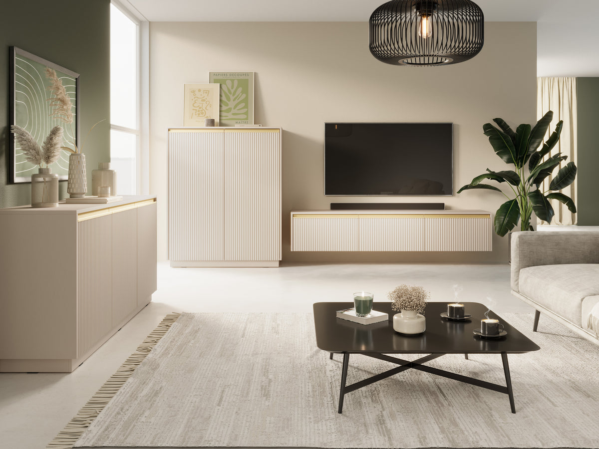 Cashmere ribbed 3-door sideboard with flat top and gold accents in a living room