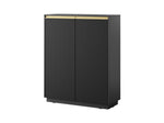 Black highboard with vertical ribbed doors and gold-tone bar handles