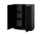 Black 2-door highboard open showing shelves and vertical ribbed right door