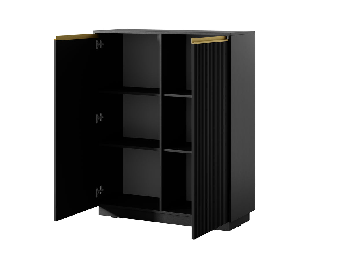 Black 2-door highboard open showing shelves and vertical ribbed right door