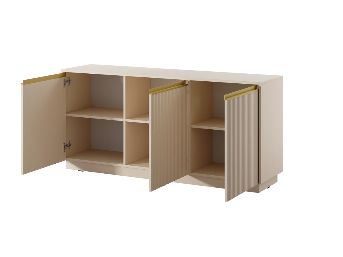 Cashmere 3-door sideboard cabinet opened to reveal shelves and ribbed door fronts