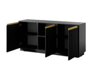 Black 3-door sideboard cabinet opened to show storage bays and ribbed door fronts
