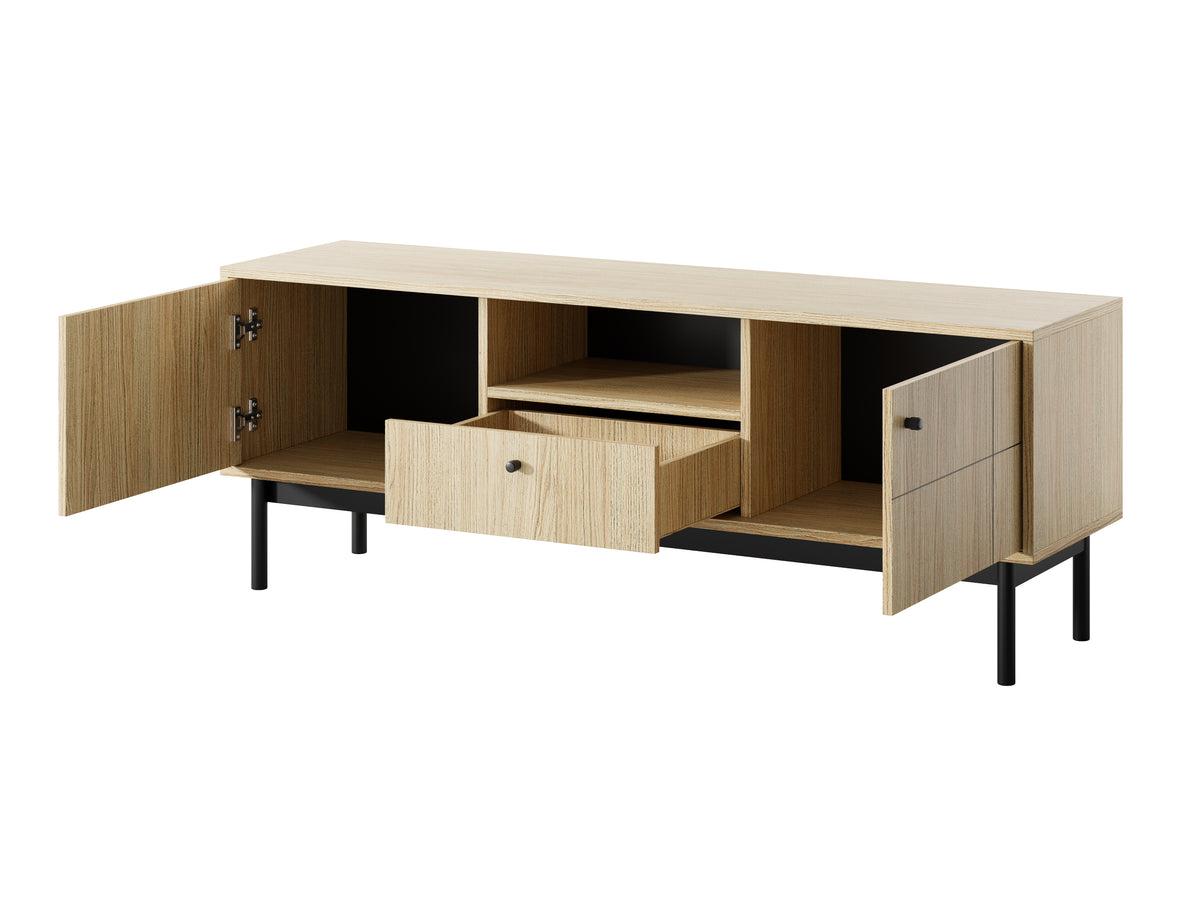 Linea oak TV cabinet interior with open shelves and central drawer, side doors