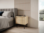 Small bedside cabinet, oak finish, two-panel door with round knob, black legs.