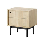 Small bedside cabinet, Linea Oak finish, two-door front, black tapered legs.