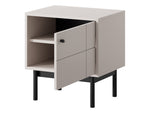 Small bedside cabinet with open door, cashmere white interior shelf, black legs.