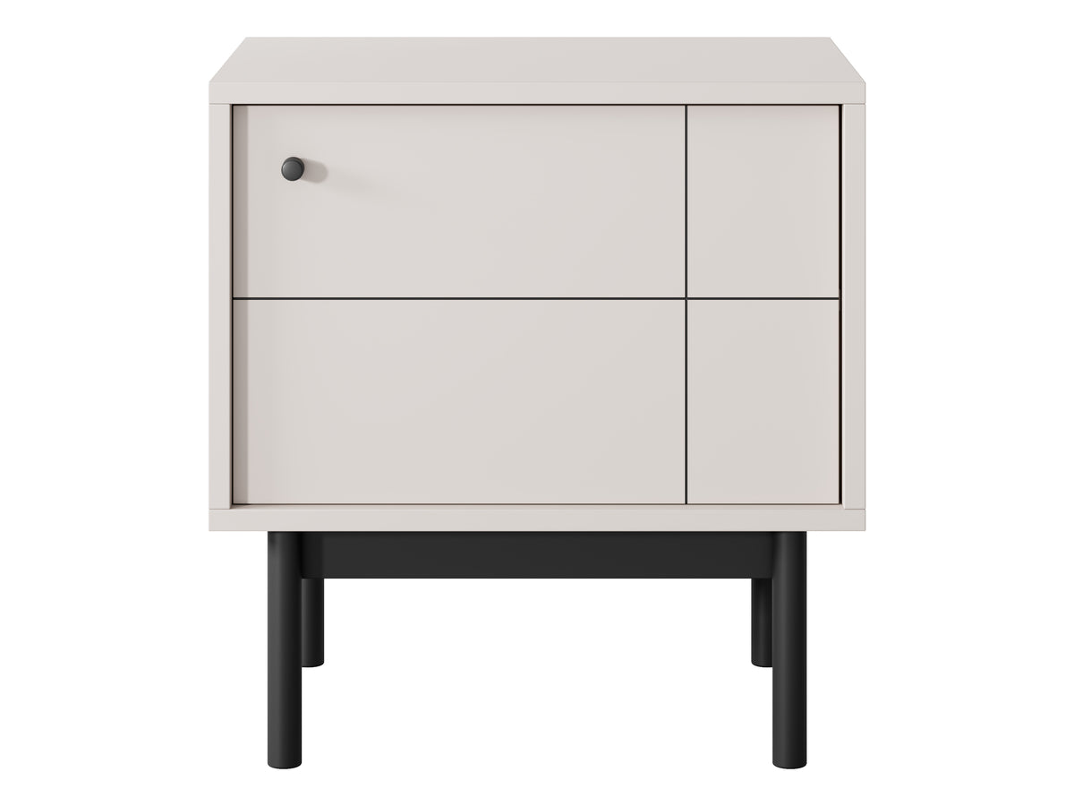 Small bedside cabinet, cashmere white, top drawer and lower door panels, black legs.