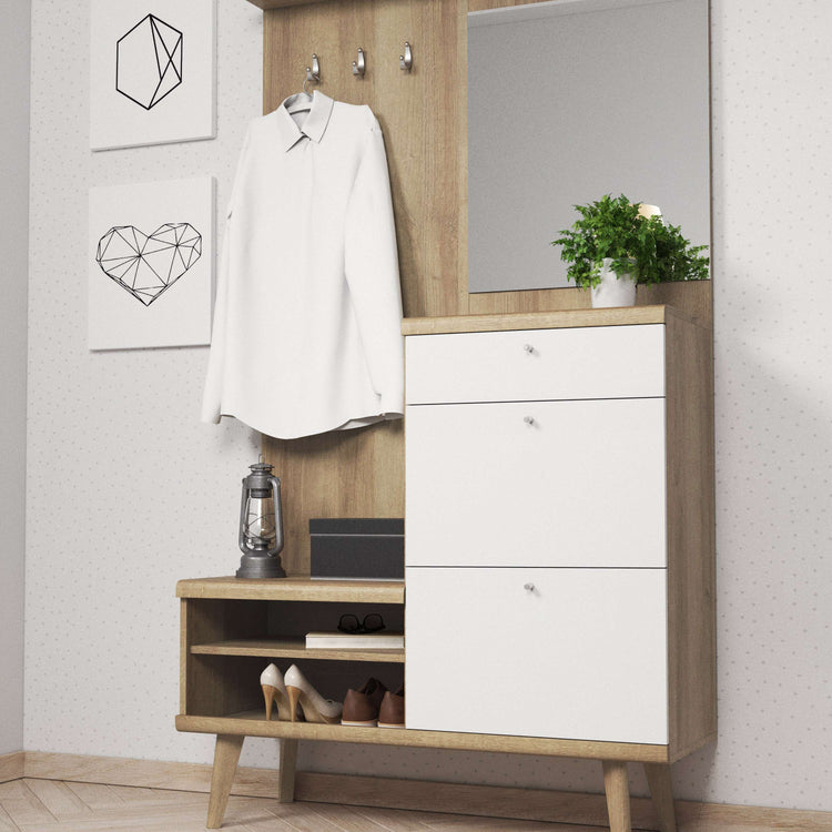 Hallway cabinet with large mirror, coat hooks, open storage shelves, and two white drawers