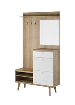 Hallway unit with wall mirror, coat hooks, open shoe shelf, and two white drawers