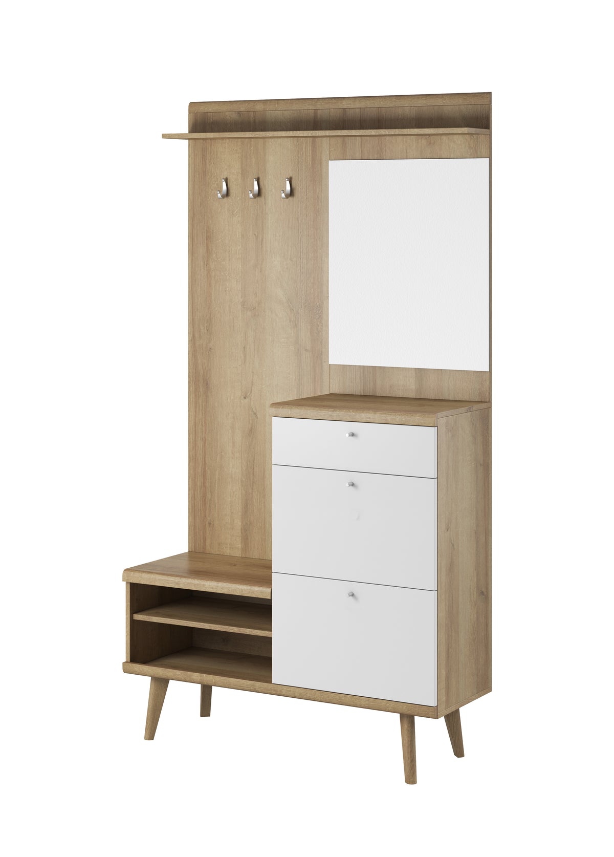 Hallway unit with wall mirror, coat hooks, open shoe shelf, and two white drawers