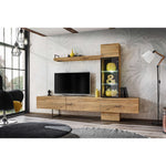 Ray TV wall unit with oak-style finish, wide TV console, and glass-front LED display cabinet