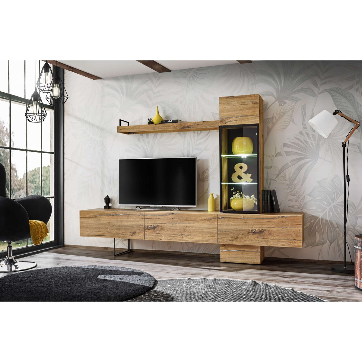 Ray TV wall unit with oak-style finish, wide TV console, and glass-front LED display cabinet