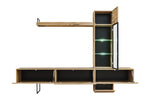 Ray TV wall unit with open shelves, dark TV compartment, and LED-lit glass side cabinet