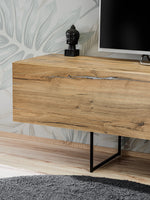 Ray TV wall unit console with oak-style top, black metal legs, and wall-mounted TV space