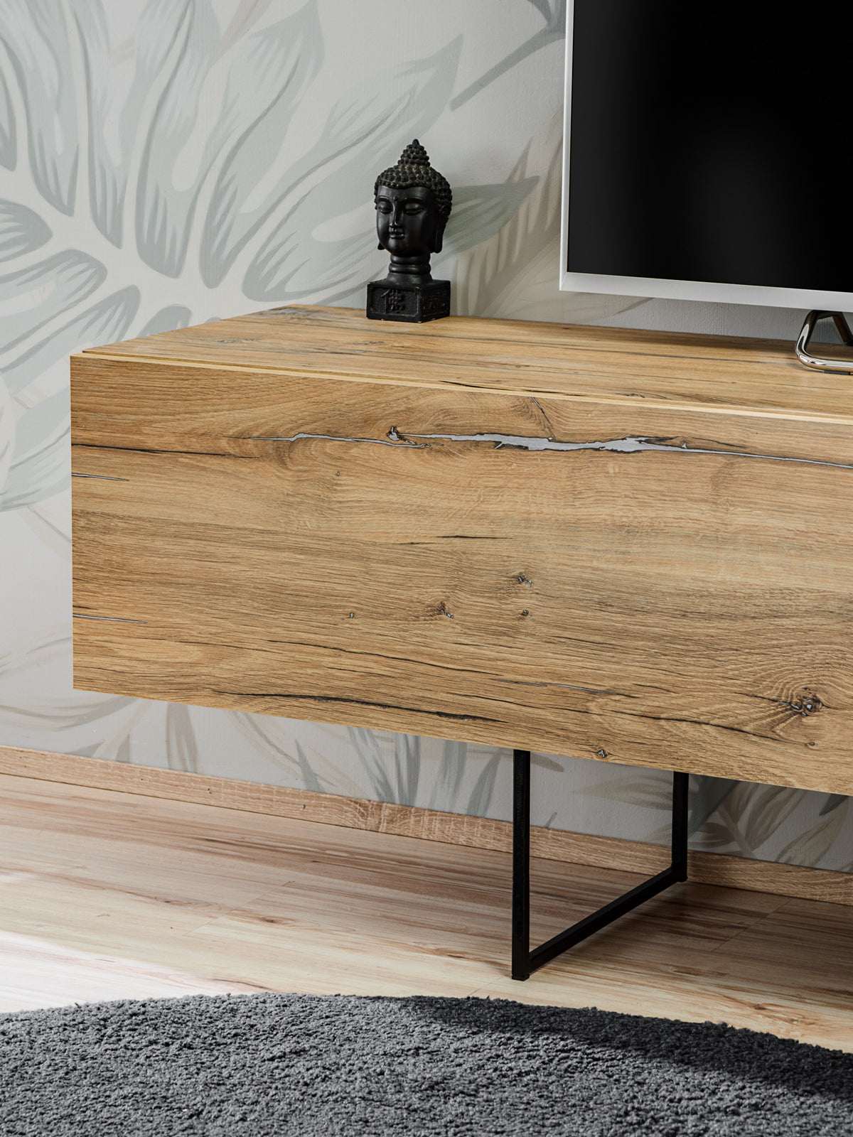 Ray TV wall unit console with oak-style top, black metal legs, and wall-mounted TV space