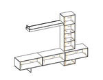 Ray TV wall unit layout diagram with TV base, shelves, and vertical glass display modules