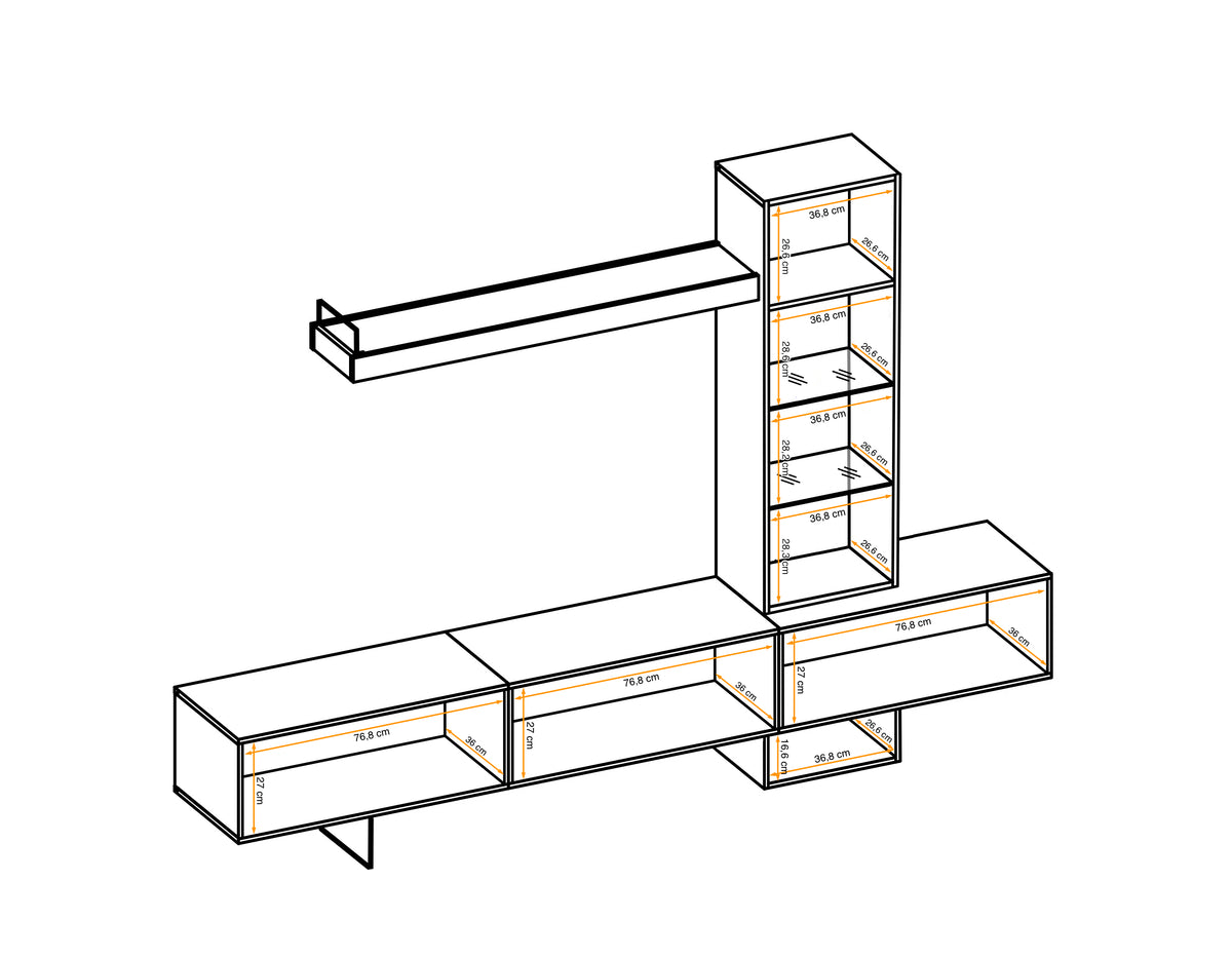 Ray TV wall unit layout diagram with TV base, shelves, and vertical glass display modules