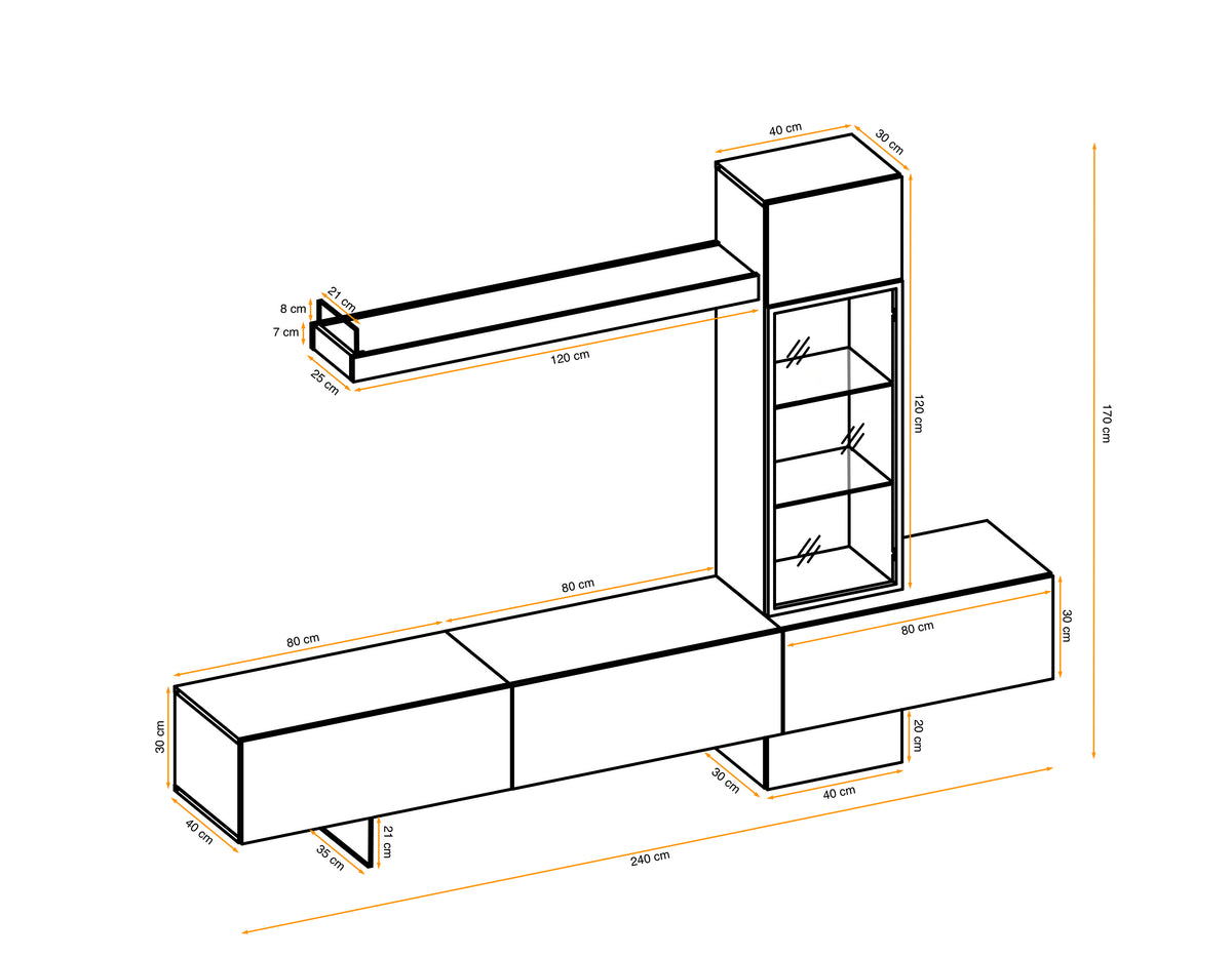 Ray TV wall unit with open shelves, drawers, and long media cabinet, 240cm wide