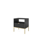 Dark gray bedside table with ribbed cabinet door, open shelf, and gold legs.