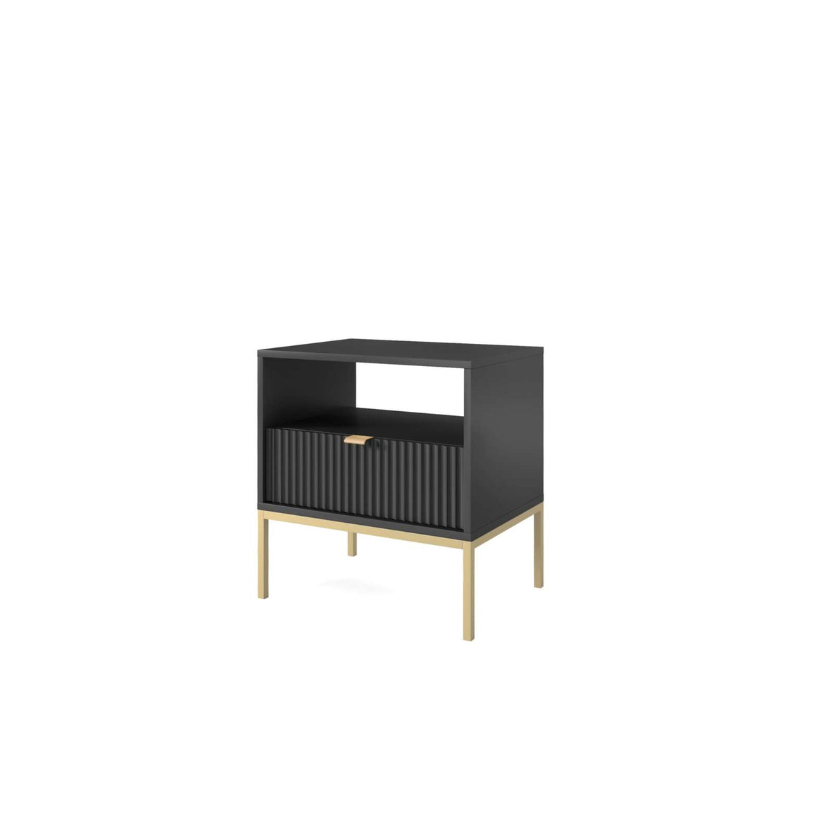 Dark gray bedside table with ribbed cabinet door, open shelf, and gold legs.