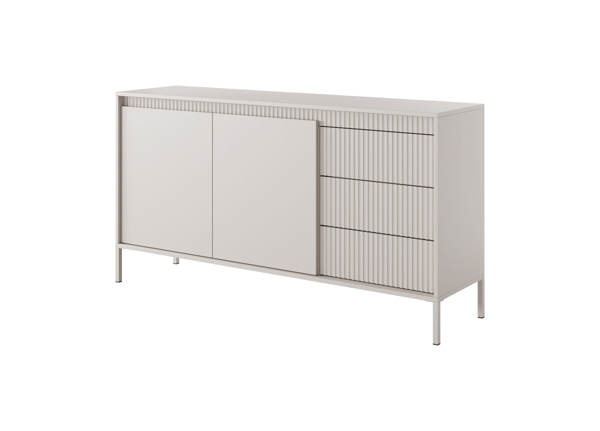 Beige sideboard with two doors and ribbed drawer fronts, three drawers, slim legs.