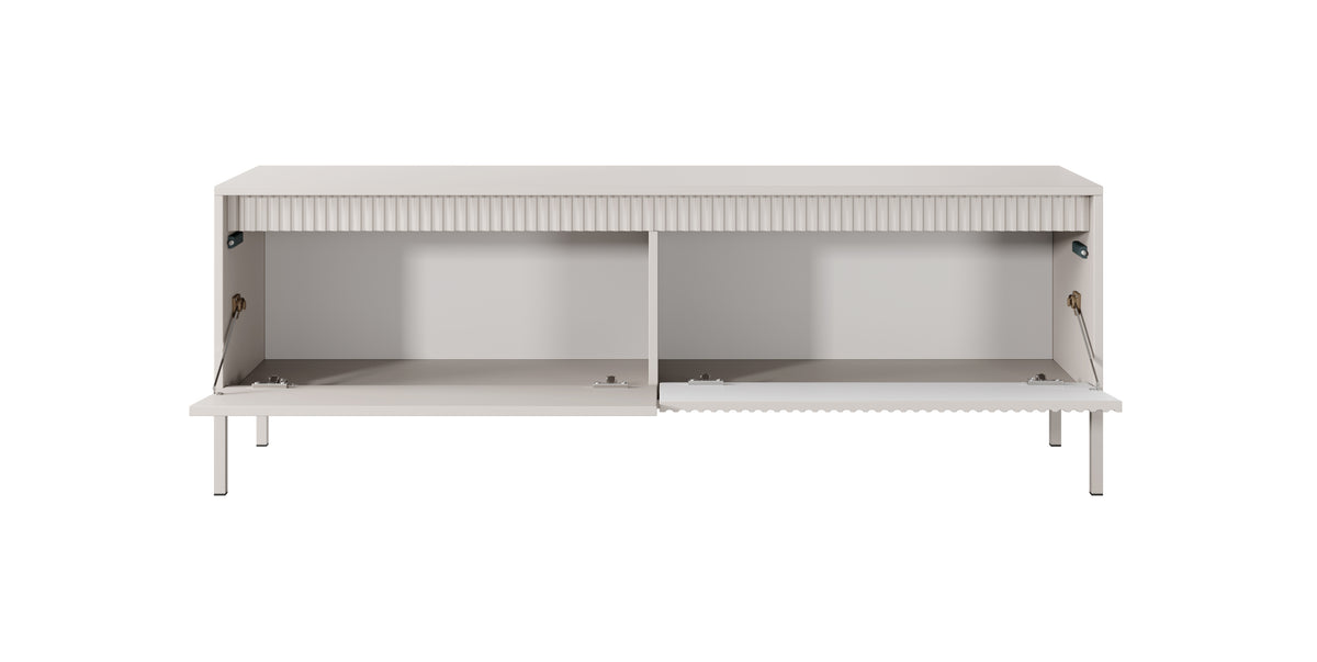 Beige TV cabinet with open interior shelves and two hinged side doors, short height.
