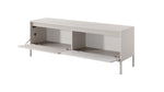 Beige TV cabinet with open storage shelves and ribbed side panel, short height.