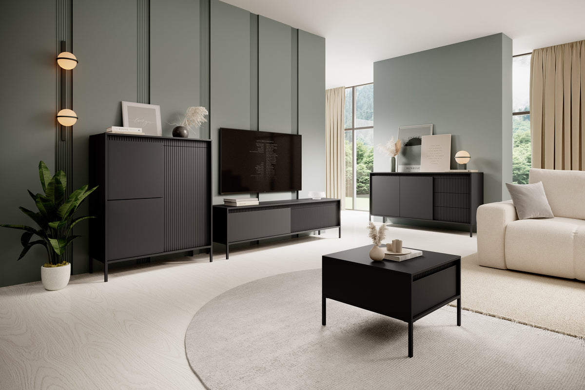 Black sideboard cabinet with two doors and three drawers, short low profile on legs.