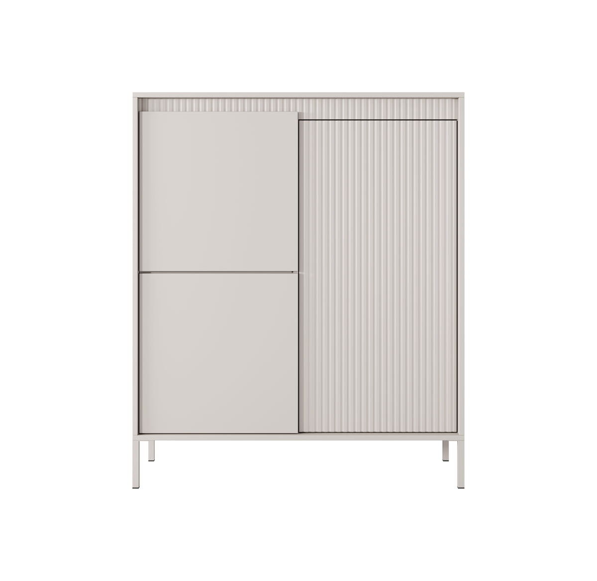 Beige highboard cabinet with ribbed right door and two-tone front panels