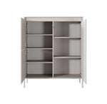 Beige highboard cabinet open with shelves inside and ribbed right door