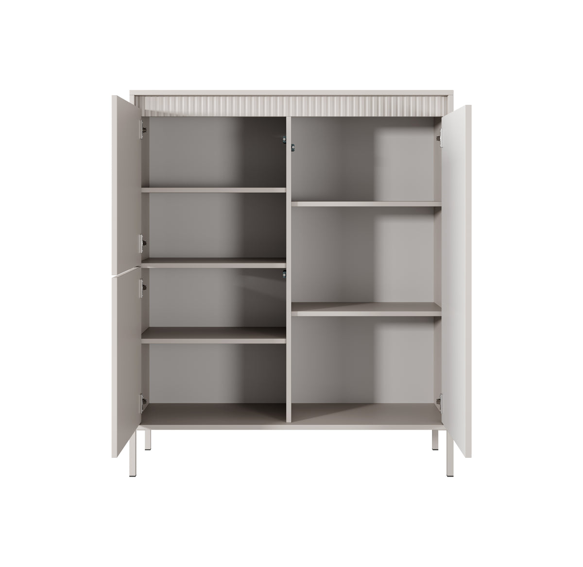 Beige highboard cabinet open with shelves inside and ribbed right door