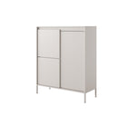 Beige highboard cabinet with ribbed door panel and two front doors, side view