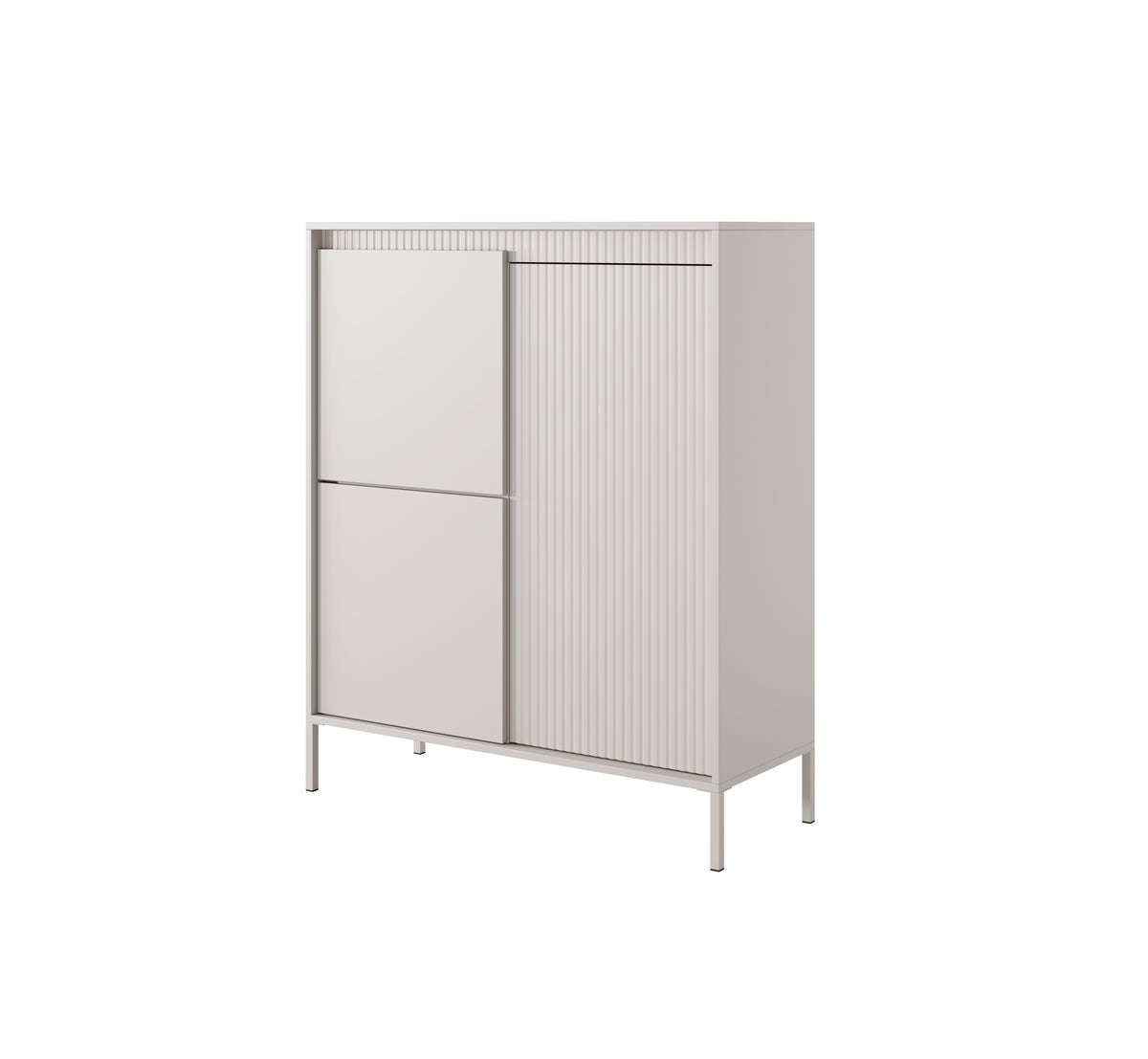 Beige highboard cabinet with ribbed door panel and two front doors, side view