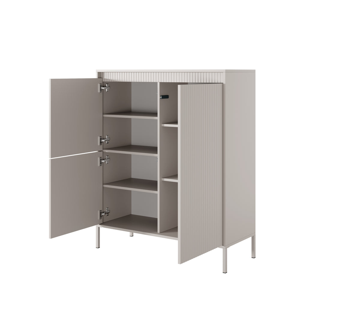 Beige highboard cabinet open showing adjustable-style shelves and ribbed door