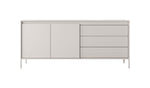 Beige sideboard cabinet with 2 doors and 3 drawer fronts, ribbed panel detail