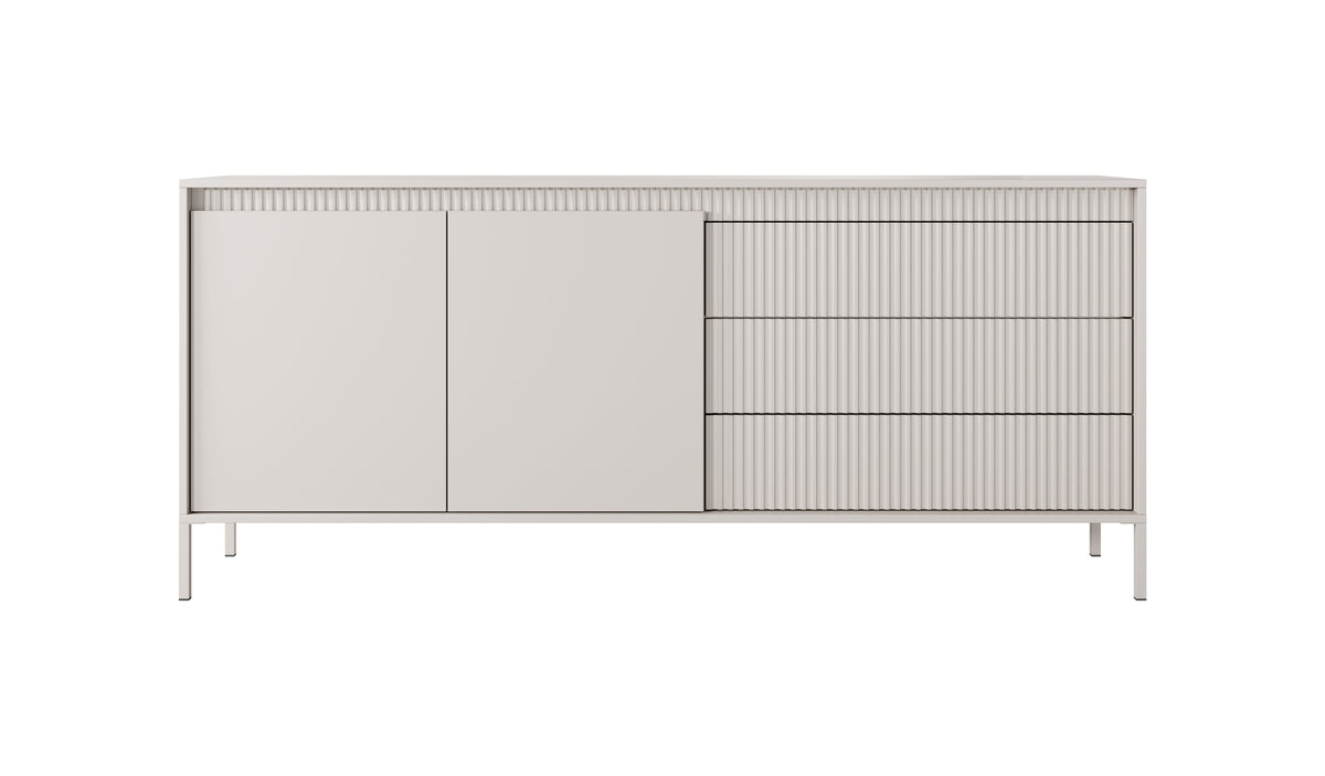 Beige sideboard cabinet with 2 doors and 3 drawer fronts, ribbed panel detail
