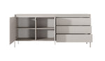 Beige sideboard with open doors showing 2 storage compartments and 3 ribbed drawers