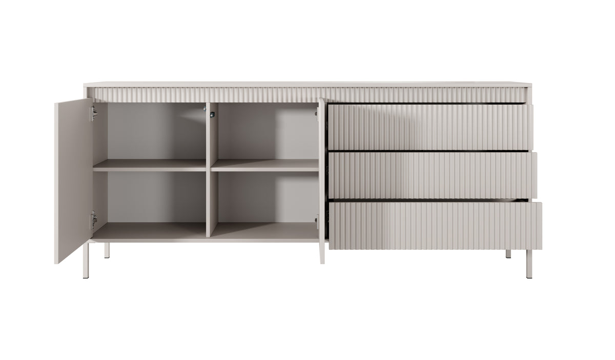 Beige sideboard with open doors showing 2 storage compartments and 3 ribbed drawers