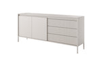 Beige long sideboard with 2 doors, 3 drawers, and ribbed drawer fronts