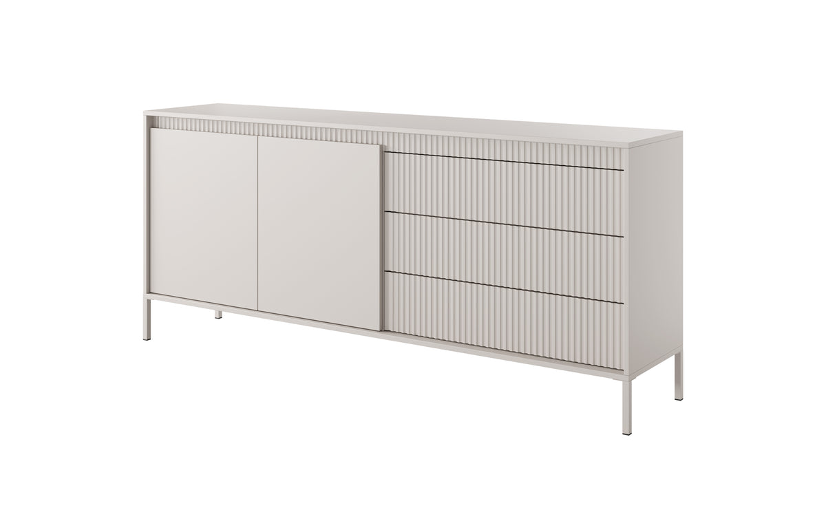 Beige long sideboard with 2 doors, 3 drawers, and ribbed drawer fronts