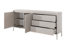 Beige sideboard with open left door and full drawer stack, ribbed fronts