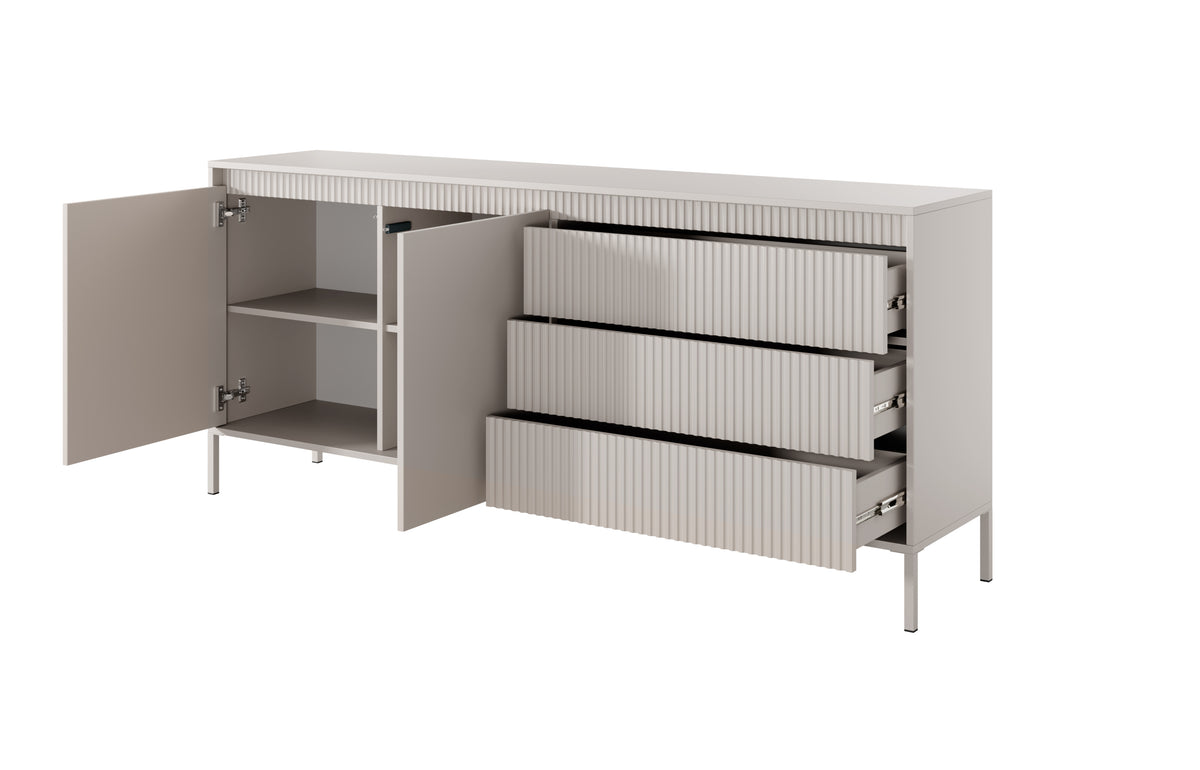 Beige sideboard with open left door and full drawer stack, ribbed fronts