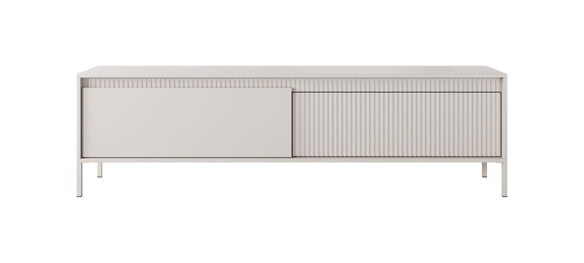 Sals long TV cabinet, light beige with ribbed door panels and metal legs